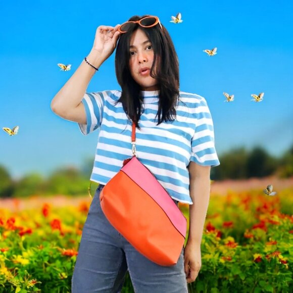 Zara TFR magenta pink bright orange color block vegan leather shoulder bag - Picture 7 of 7